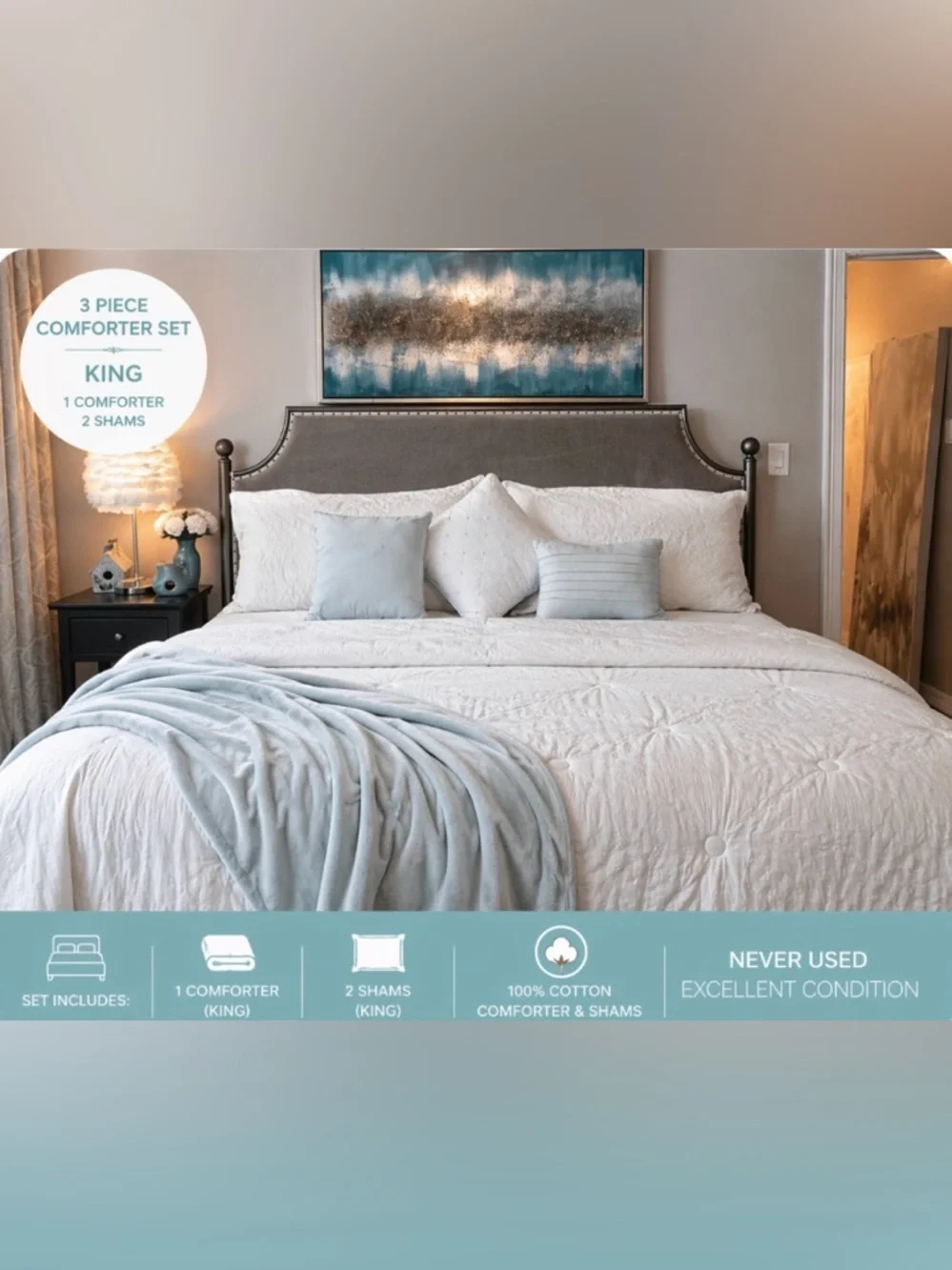 King Cotton Comforter Set in White with Light Blue Accents